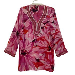 Adrienne Vittadini Womens size L Pink Floral Bead & Rhinestone Long Tunic Blouse